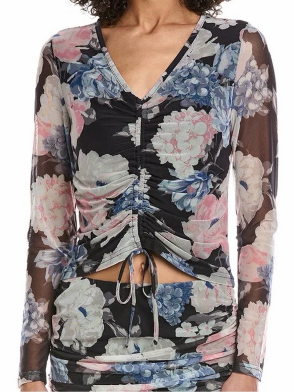 Floral Ruched Mesh V-Neck Top - Black with Pink & Blue Flowers